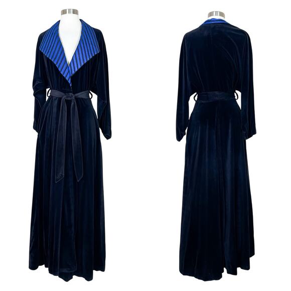 Dior | 90s Vintage Velour Embroidered Striped Black Blue Designer Long Robe P S - Picture 1 of 12